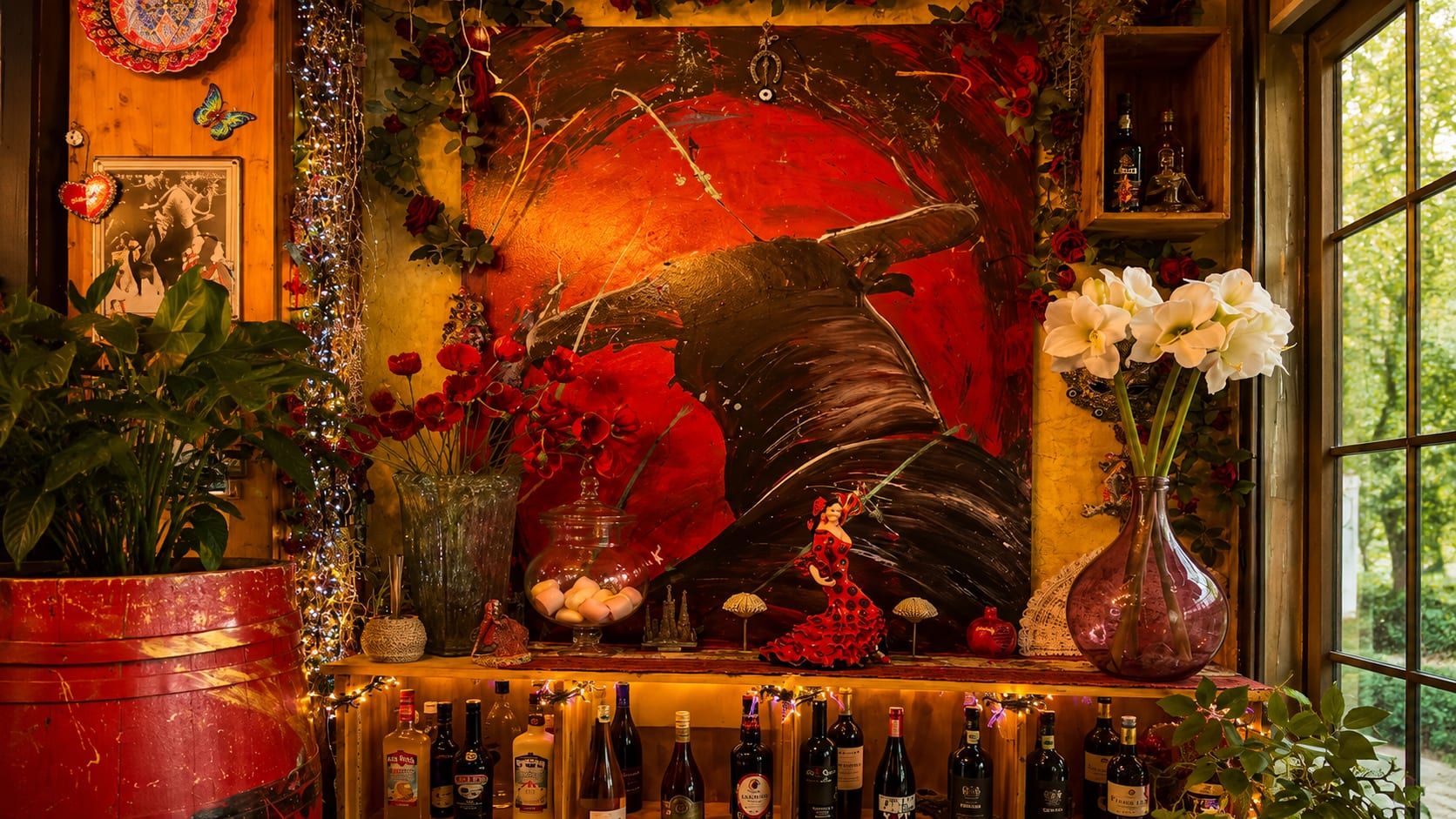 Intérieur chaleureux de À la paella valenciana, sous le taureau valencien